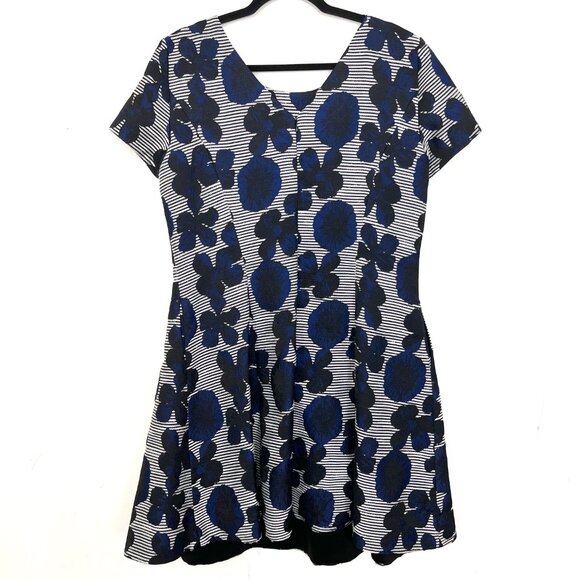 Donna Ricco Jacquard Floral Short Sleeve Fit & Flare Dress Navy Black 16 mc - Picture 2 of 4
